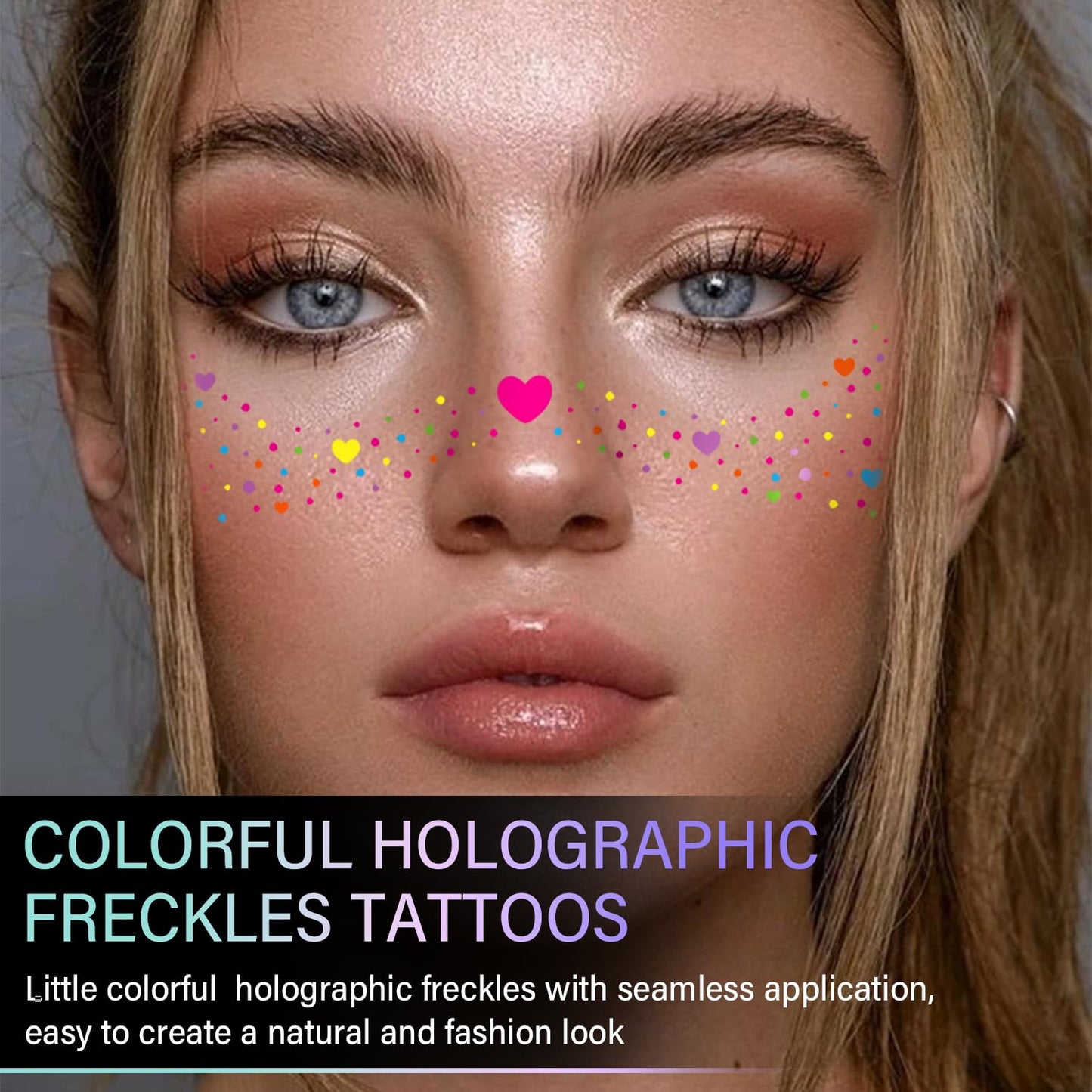 10 Pcs Colorful Glitter Freckles Face Tattoos, Multichrome Rainbow Glitter Freckles Face Tattoos, Waterproof and Long-lasting Face Temporary Tattoos for Women