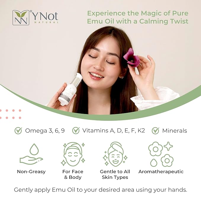 Emu Oil Pure Skin Moisturizer - Nail, Body, Face, Scalp & Hair Moisturizer with Omega 3, 6, 9, Vitamins, & Minerals - Australian Emu Oil for Skincare by Y-Not Natural - 60mL, Lavender