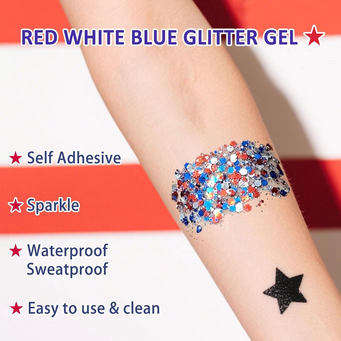 Patriotic Red White and Blue Glitter Stick, 4th of July Outfits for Body & Hair, Women Kids Fourth of July Accessories, Face Hair Glitter for Independence Day, Memorial Day, Veterans Day