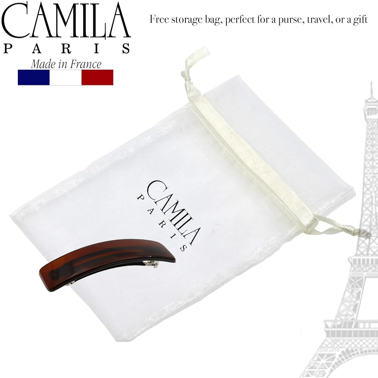Camila Paris CP1475 French Hair Barrette Clip for Girls, Rubberized Automatic Clasp Strong Hold Grip Hair Clips for Women, No Slip and Durable Styling Girls Hair Accessories, Made in France