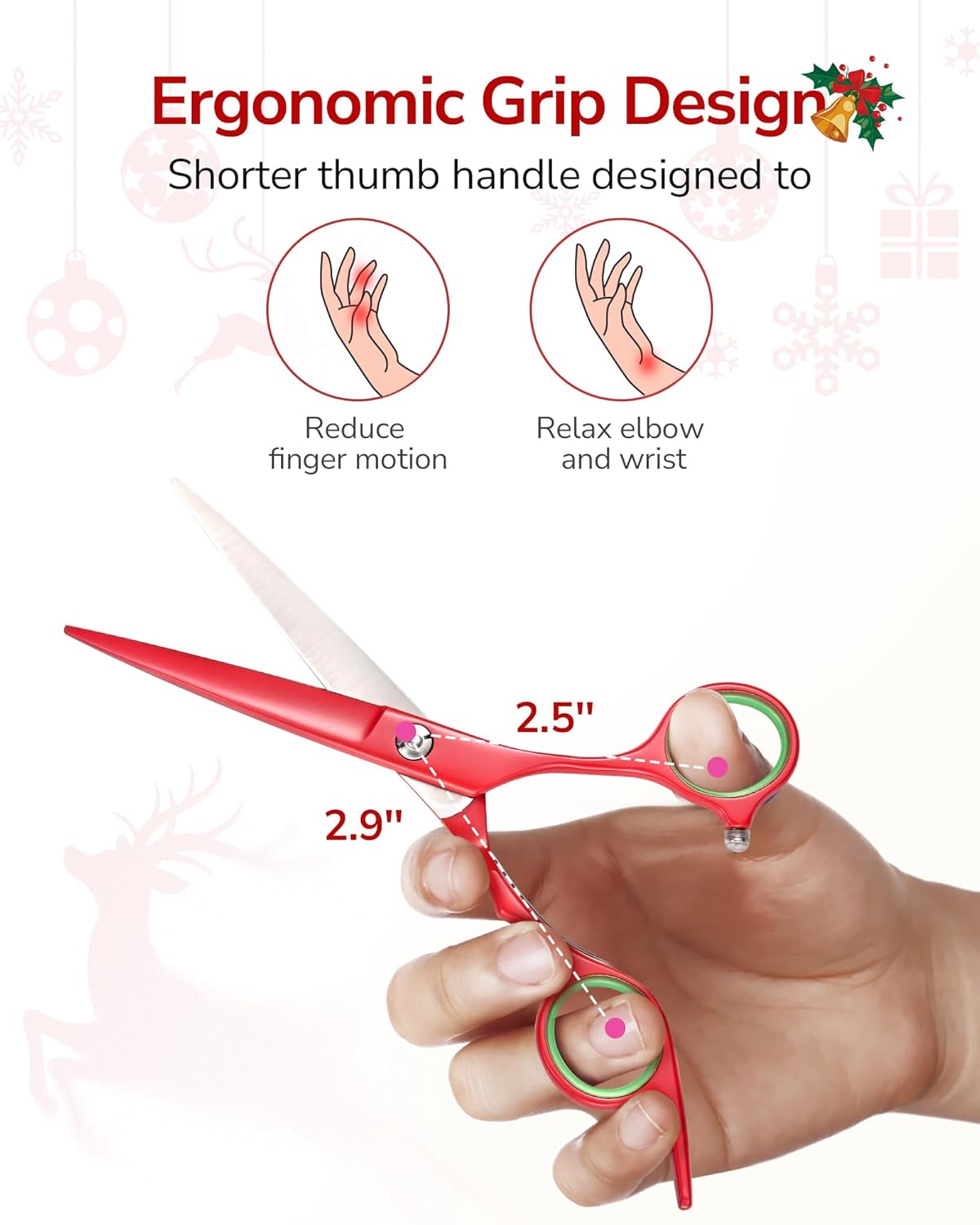 ULG 6.5” Hair Cutting Scissors, Professional Japanese Stainless Steel, Razor Sharp Barber Shears with Ergonomic Offset Handles, Lightweight and Durable for Stylist & Home Use, Christmas Red Edition