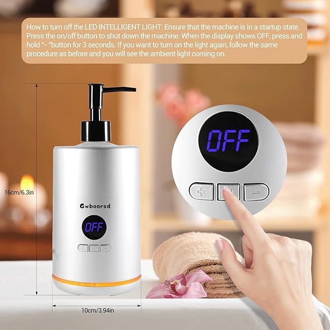 Oil Warmer for Massage, Massage Oil Warmer for Scented Oil, Oil Warmer, Body Oils Heater for Spa, Salon,with 2 Oil Bottle Dispensers, 1 White Funnel,Temperature Control, Atmosphere Lights, Silver