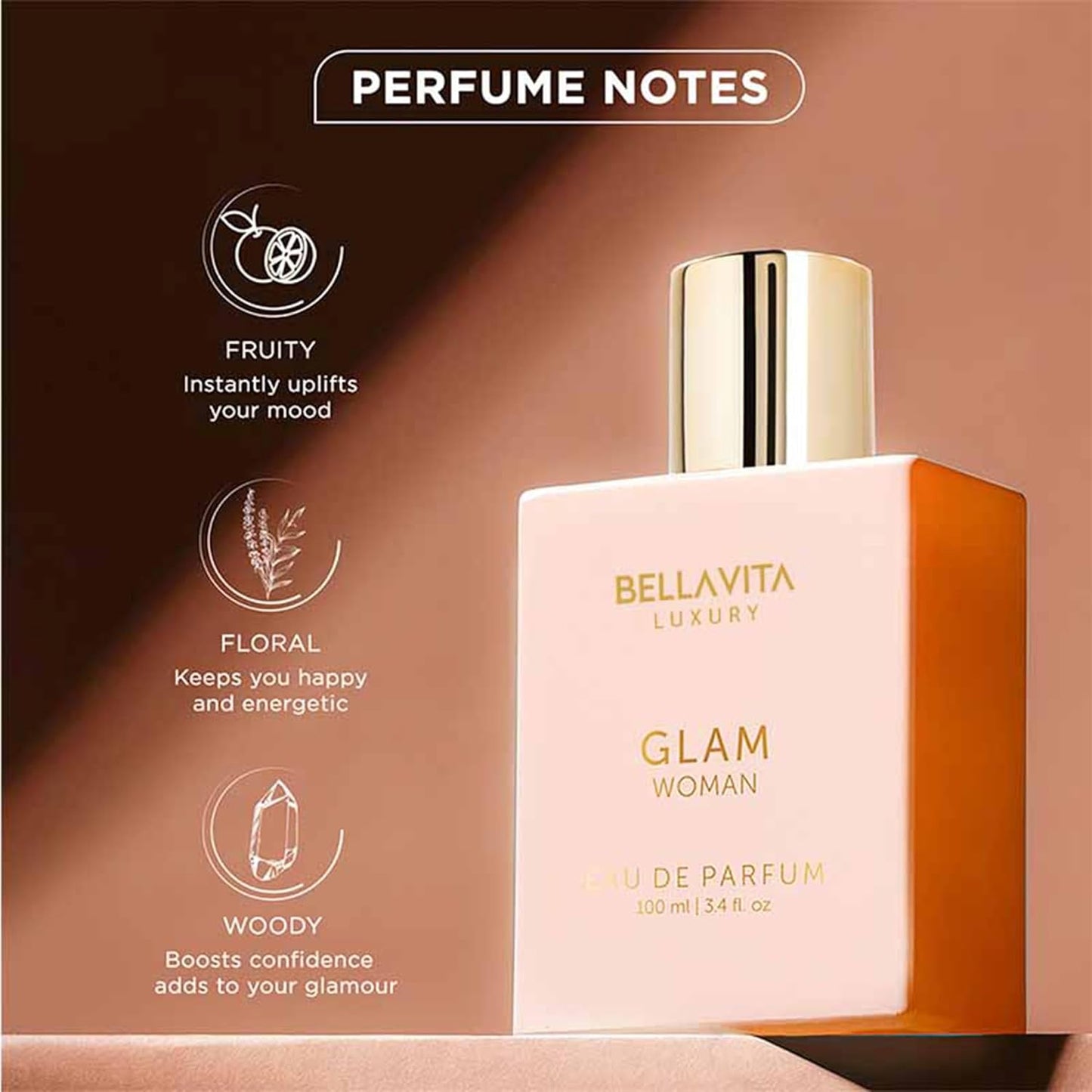 BellaVita Luxury GLAM Perfume for women | Notes of African Orange, Jasmine & Patchouli | Long-Lasting Floral & Woody Fragrance | Premium Perfume Oil imported from France, 100ml