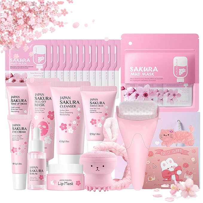 Sakura Skin Care Sets & Kits, Japanese Cherry Blossom Gifts for Teenage Girls, Pamper Sets for Women Gifts, Facial kit Daily Care All In One Set, Travel Kit for Women Teen Girls Mom Birthday, 35PCS