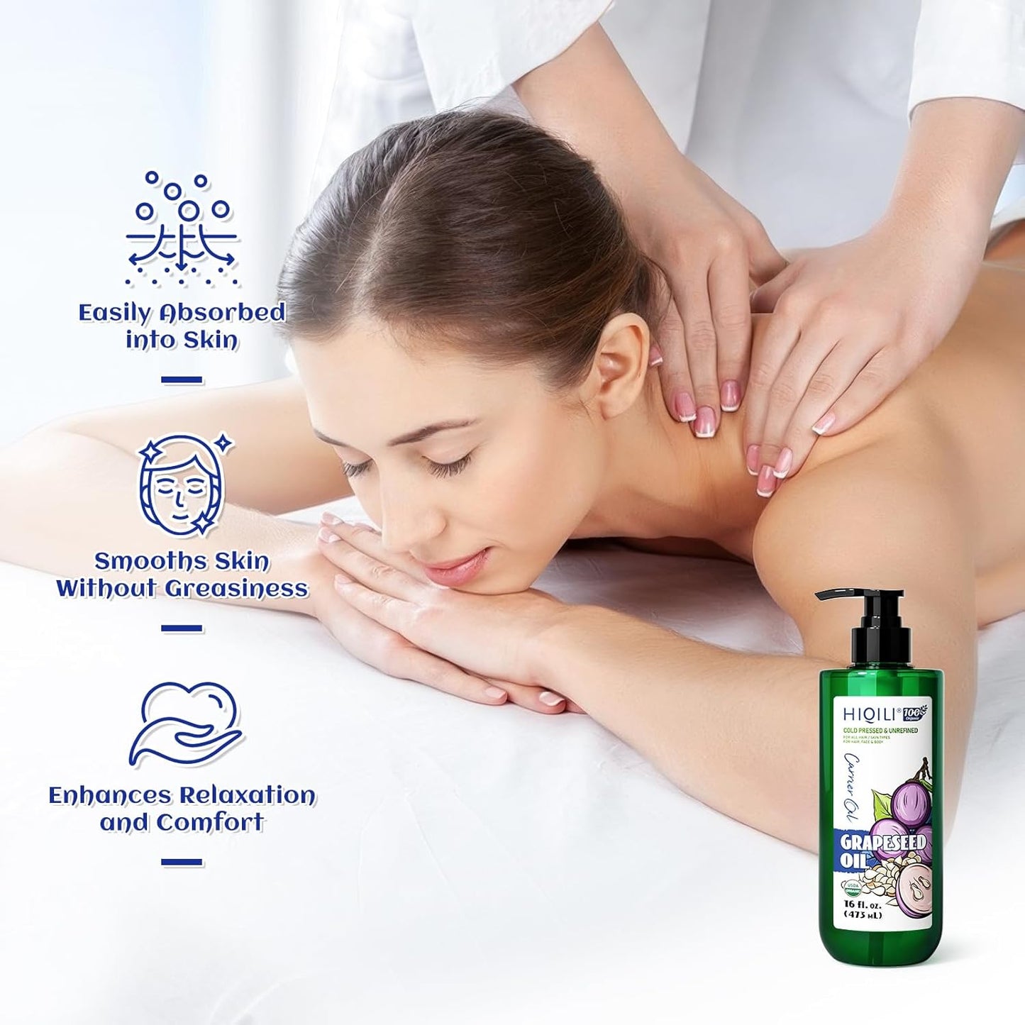 HIQILI 16 Fl Oz Organic Grapeseed Oil for Hair, for Skin, Carrier Oil for Essential Oils Mixing, 100% Pure & Natural-473ML