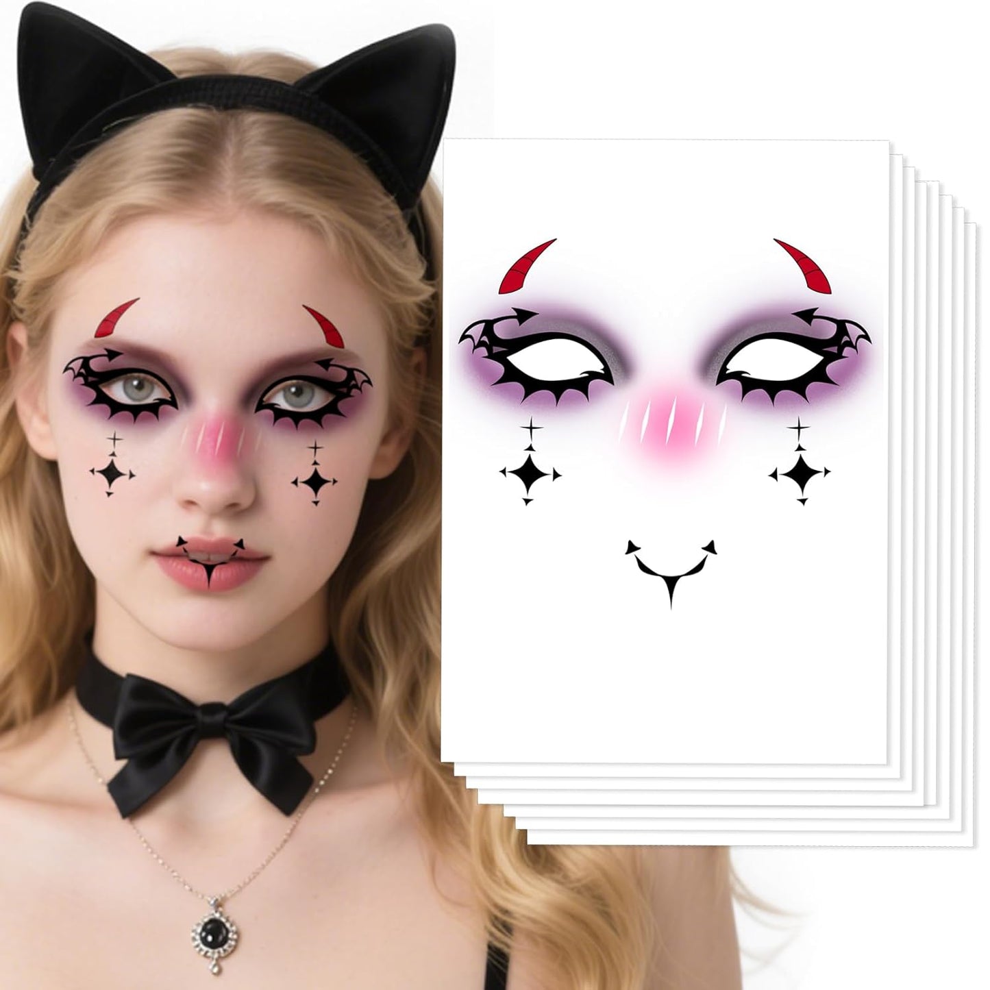 8Pcs Halloween Devil Face Tattoo, Face Temporary Tattoos Face Temporary Tattoo Sticker, Halloween Makeup Tattoo Stickers for Women, Men, Kids, Festival, Cosplay, Halloween