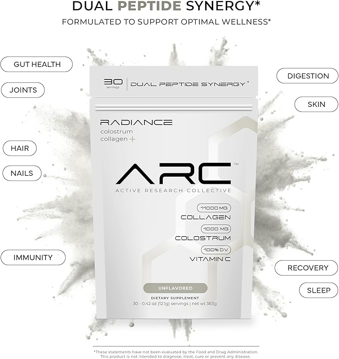 Radiance, Grass-Fed Collagen Peptide & Colostrum Powder, Supports Gut Health, Digestion, Immune Function, Healthy Joints, Bones, Skin, Hair & Nails, Keto, Gluten & Fat-Free, Unflavored, 30 Servings