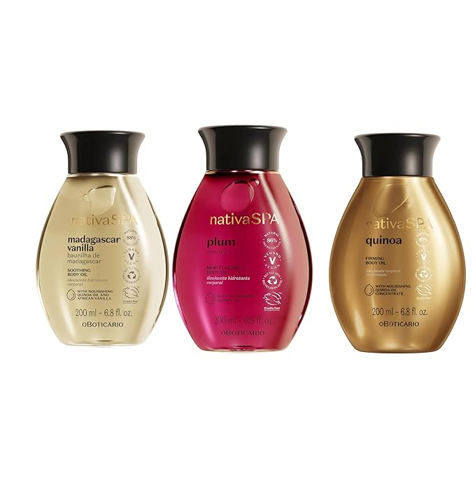 O BOTICARIO Nativa SPA Body Hydrating Oil Bundle: Madagascar Vanilla, Plum Moisturizing Body Oils, & Quinoa Firming Body Oil, 6.8 Ounce (each x3)