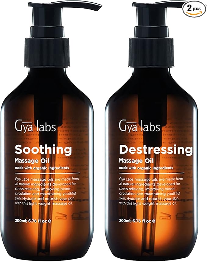 Soothing Massage Oil for Sore Muscles & Destressing Massage Oil for Sore Muscles Set - 100% Natural Aromatherapy Grade Essential Oils Set - 2x6.76 fl oz - Gya Labs