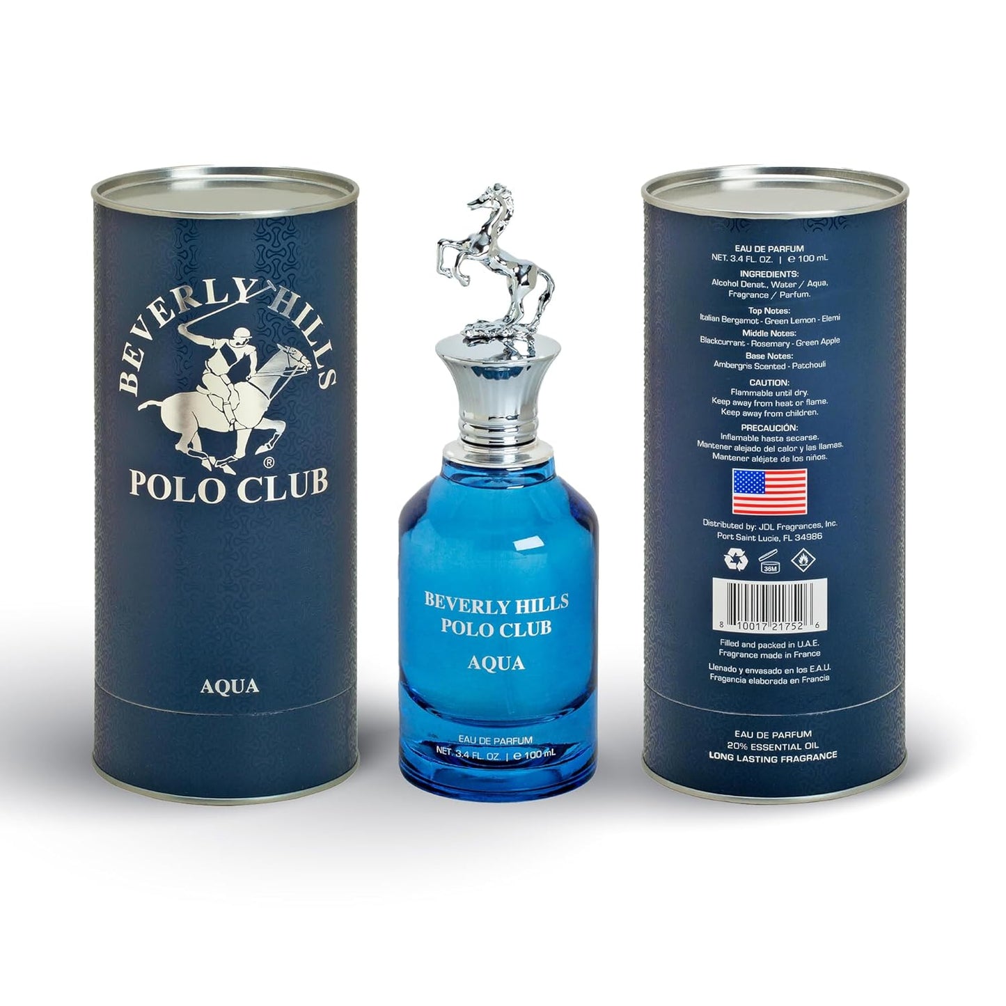 Beverly Hills Polo Club AQUA Eau de Parfum for Men - 3.4 Fl Oz (103.5ml) Long-Lasting Aquatic Fragrance | Sophisticated Scent with Iconic Metal Horse Cap & Premium Cylinder Gift Box