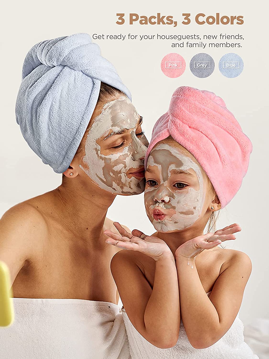 Hicober Microfiber Hair Towel,Turbans for Drying Wet Hair, Anti Frizz Hair Wrap Towels for Curly Hair Women (Blue,Grey,Pink) , 3 packs