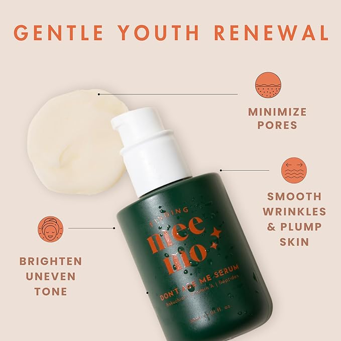 Bakuchiol Face Serum - Finding Meemo Don't Age Me Retinol Alternative Peptide Serum for Fine Lines & Wrinkles, 1% Bakuchiol Oil, Anti Aging Serum