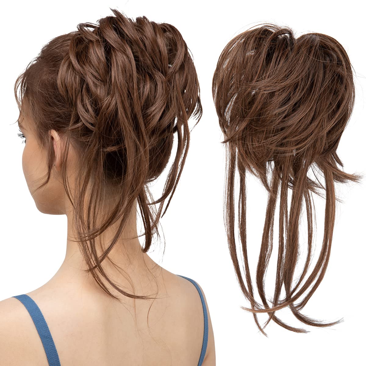 CJL HAIR Messy Bun Hair Piece Curly Hair Bun Extensions with Straight Tails Synthetic Hair Scrunchies Ponytail Hairpieces for Women Light Brown
