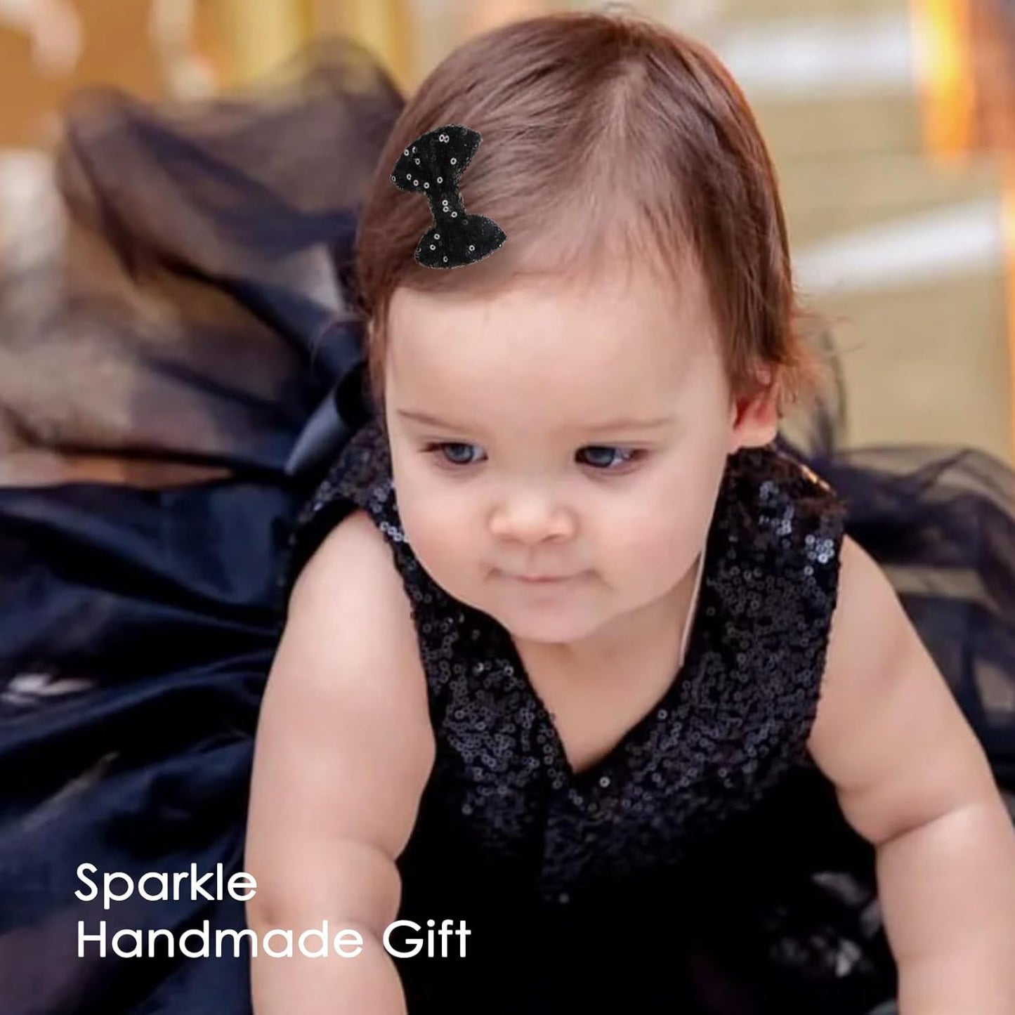 KISZU 3 Inch Glitter Hair Bows Clips, Sparkling Sequin Little Bow HairPins for Baby Girls Children Teens and Women (Black)