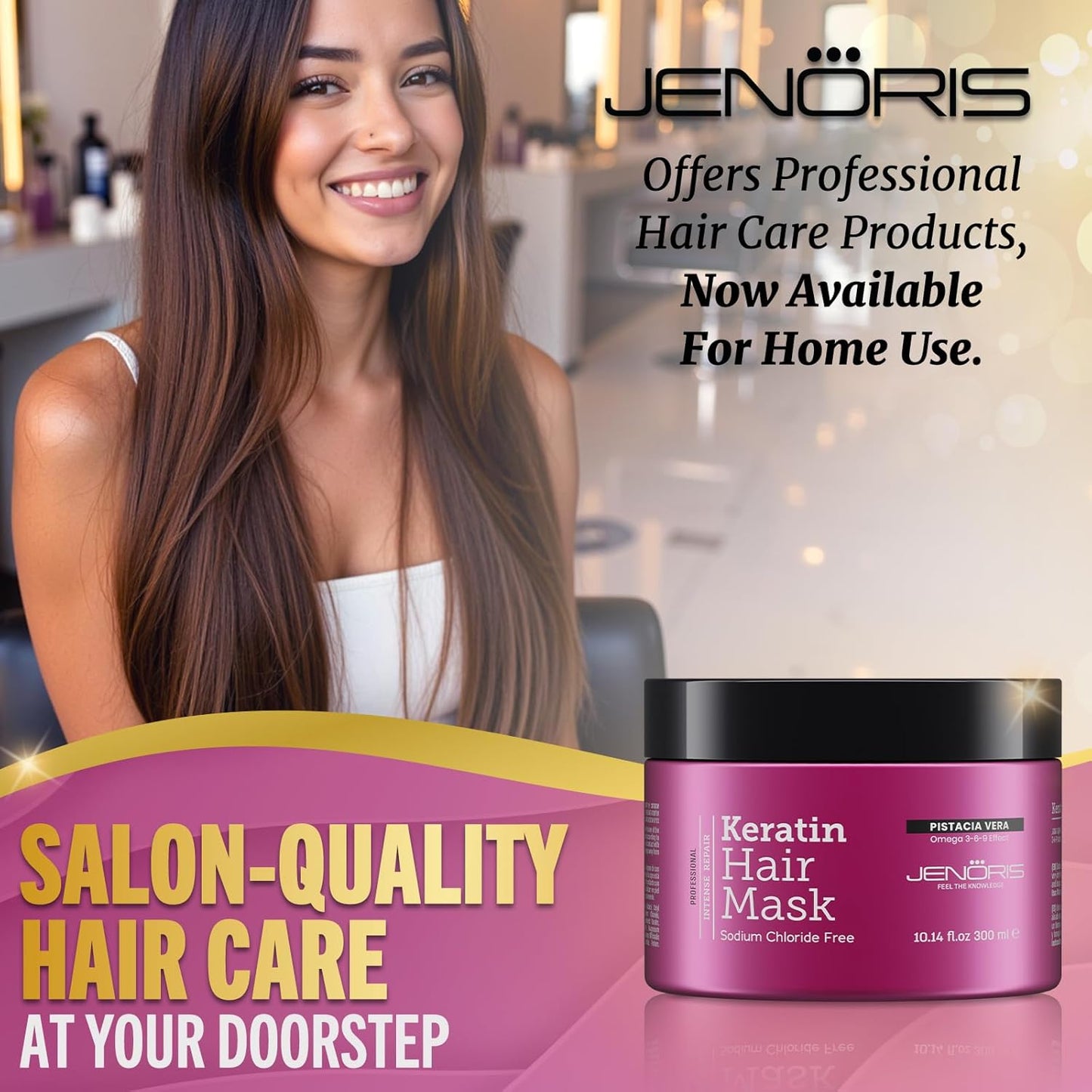 Jenoris Keratin Hair Mask for Dry, Damaged & Frizzy Hair – Deep Conditioning Treatment with Natural Omega 3-6-9 Complex & Pistachio Oil, Salon-Professional, Paraben & SLS Free, 8.45 Fl Oz