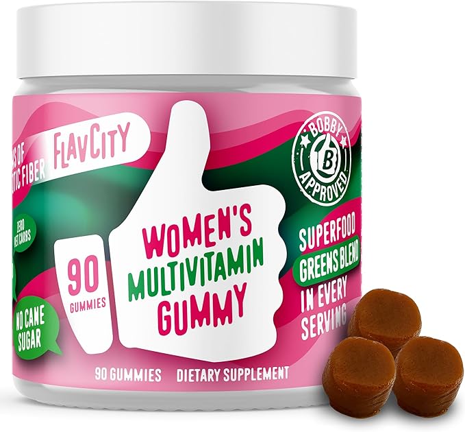 FlavCity Womens Multivitamin Gummy - Daily Multivitamin Gummies for Women - Premium Vitamins, Minerals & Prebiotic Fiber - No Cane Sugar or Seed Oils - Organic Wheatgrass, Moringa & More (90 Gummies)