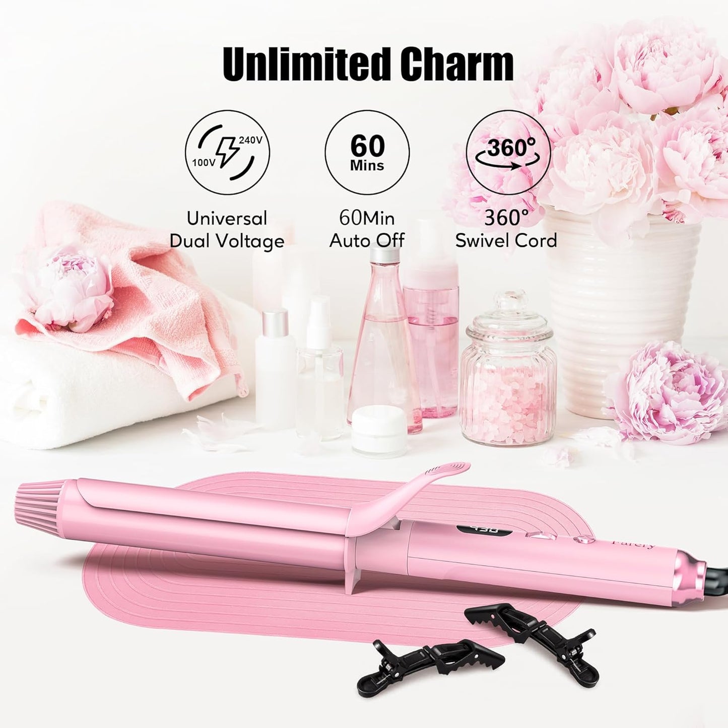 FARERY Long Barrel Curling Iron 1 1/4 inch, 1.25 Inch Curling Iron for Thin Hair, Infused Argan Oil & Keratin, 11 Adjustable Temp, Include Clips & Silicone Pad, Pink
