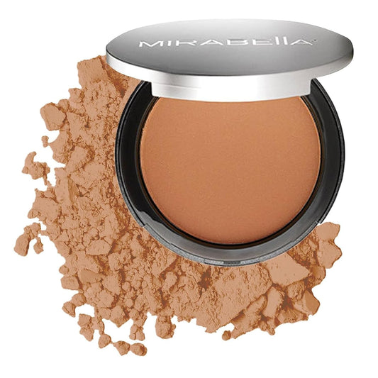MIRABELLA - Pure Press Foundation, HD-Finish Pressed Powder, Buildable Mineral Pressed Powder Compact with Nourishing Jojoba, Age-Defying Makeup for All Skin Types, Original Medium/Dark IV