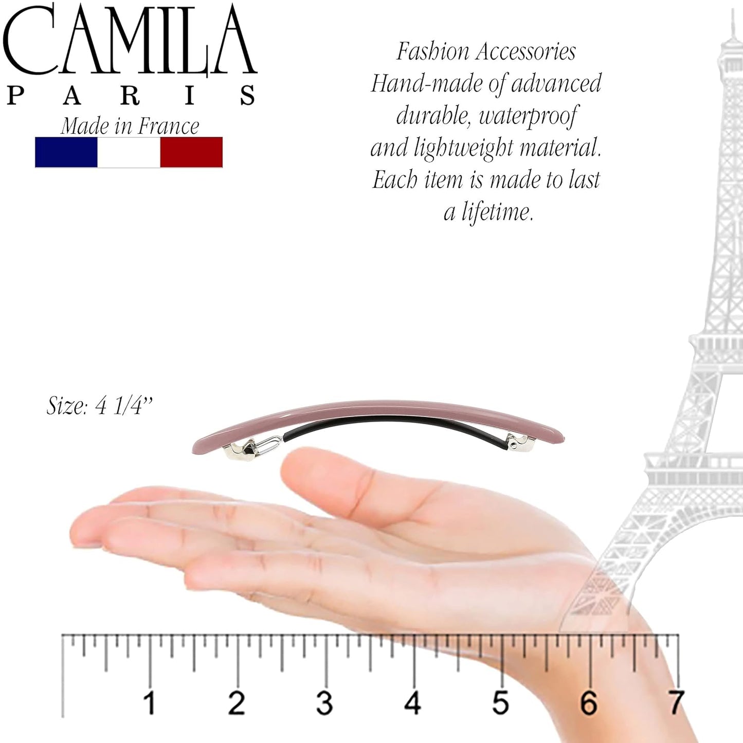 Camila Paris CP3251 French Hair Barrette Large Brown, Long Skinny Strong Hold Grip Hair Clips for Women, Thin Rubberized Automatic Clasp No Slip Durable Styling Girls Hair Accessories, Made in France