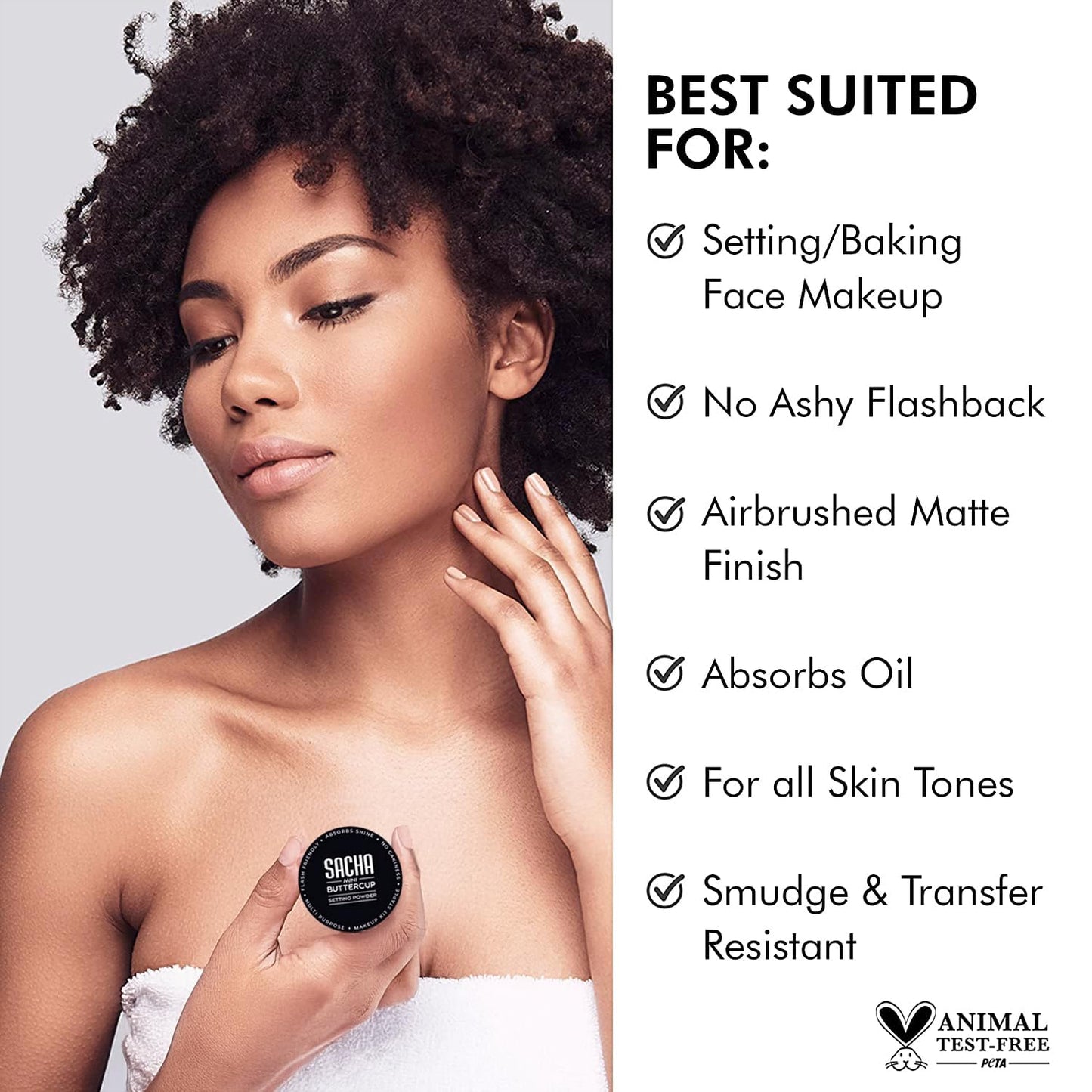 Sacha BUTTERCUP Light Mini Setting Powder. No Ashy Flashback. Blurs Fine Lines and Pores. Loose, Translucent Face Powder to Set Makeup Foundation or Concealer. For Light to Medium Skin Tones, 0.35 oz.