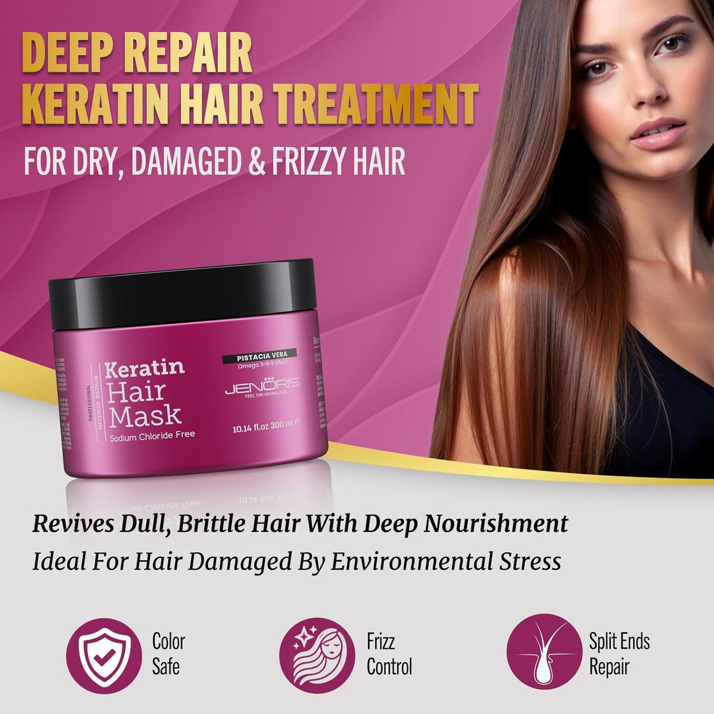 Jenoris Keratin Hair Mask for Dry, Damaged & Frizzy Hair – Deep Conditioning Treatment with Natural Omega 3-6-9 Complex & Pistachio Oil, Salon-Professional, Paraben & SLS Free, 8.45 Fl Oz