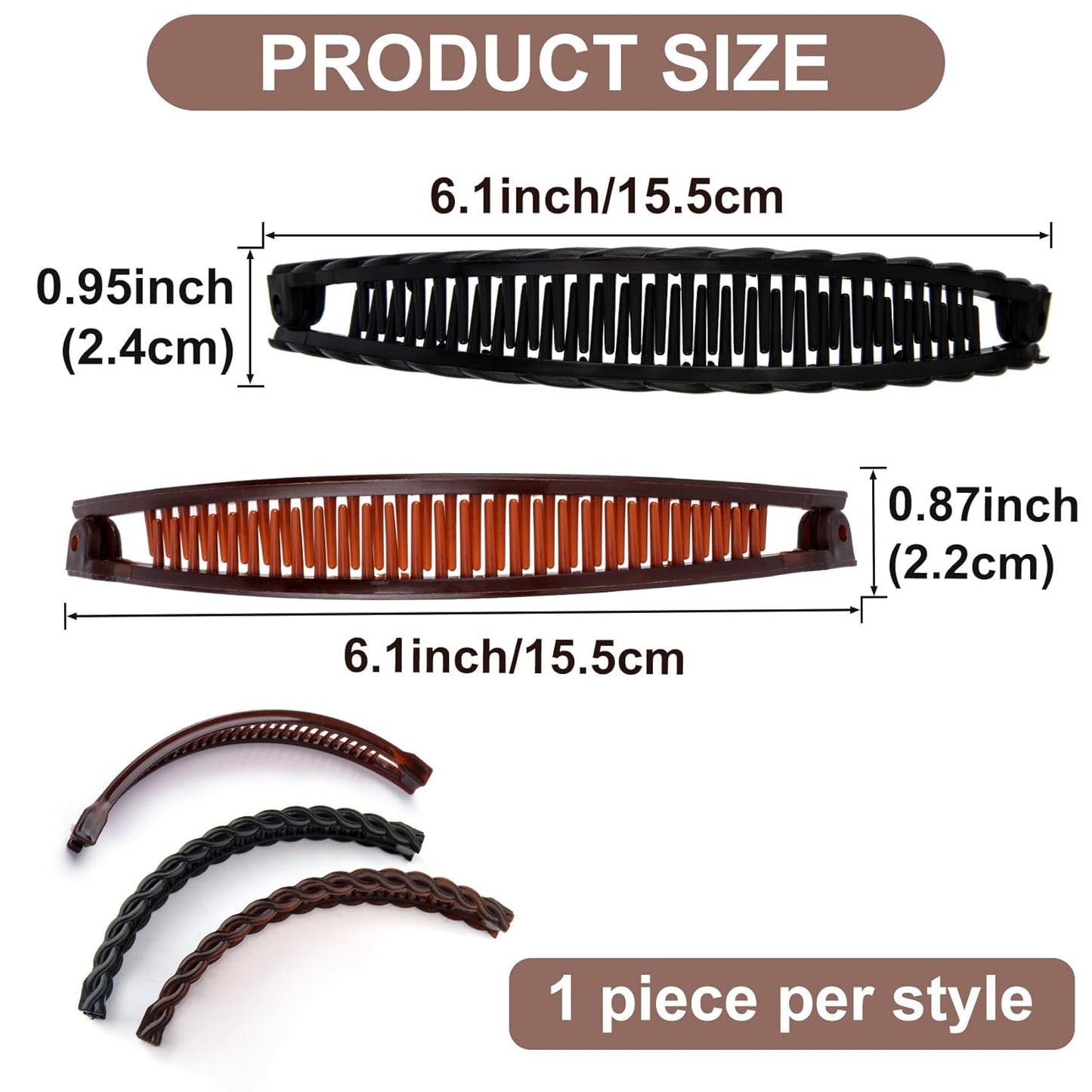 3pcs Banana Hair Clips for Women, Non-Slip Hair Claws with Double Combs, Vintage Hairpin Thick Long Curly Hair Styling Accessories for Daily, Party - Black, Brown (Smooth and Wavy Edge)