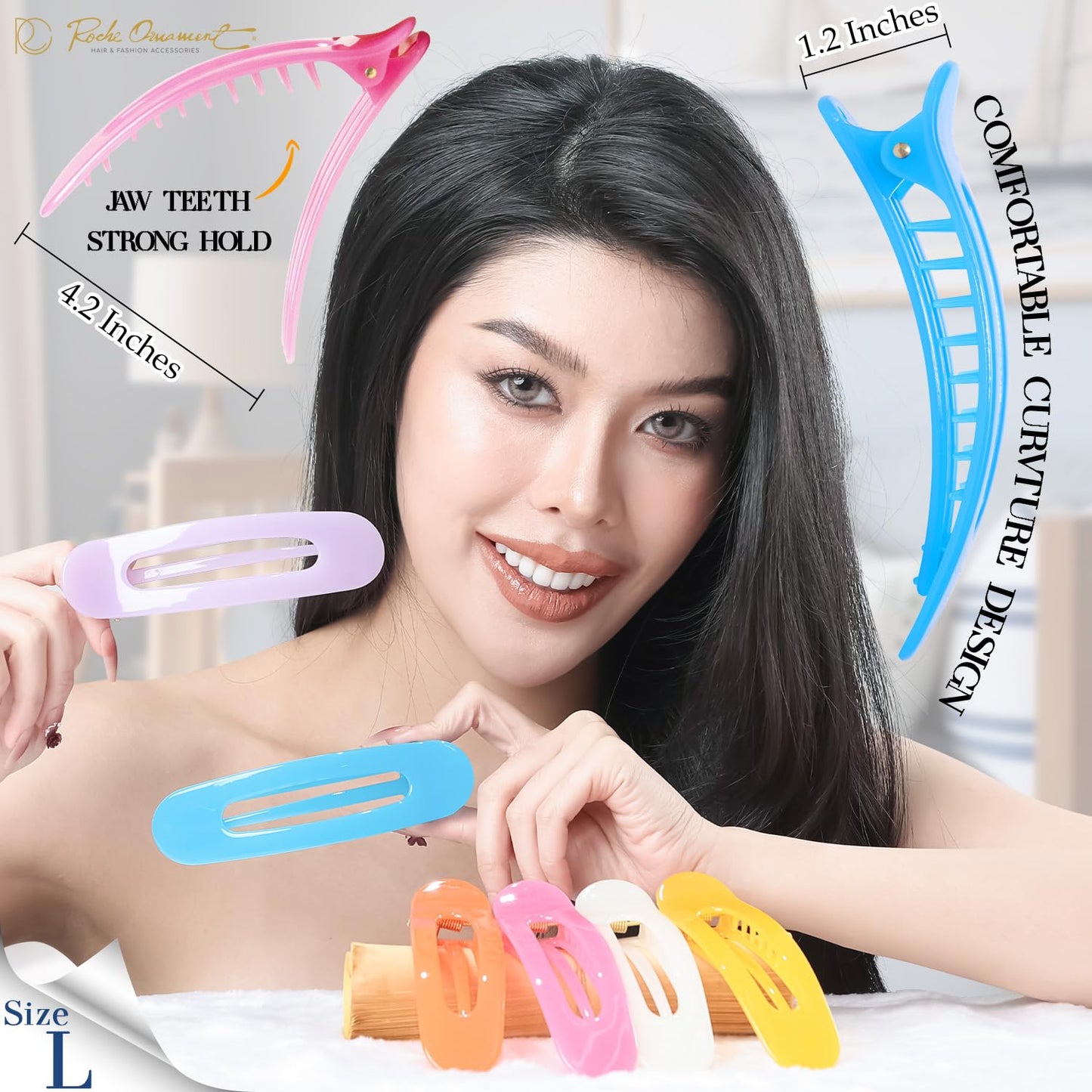 RC ROCHE 6 Pcs Flat Claw Hair Clips for Women Lay Down Barrettes No Crease Side Slide Thick Long Hair Duckbill French Against Head Jaw Claw Styling Jumbo Extra XL Clamp, Large Jelly Candy