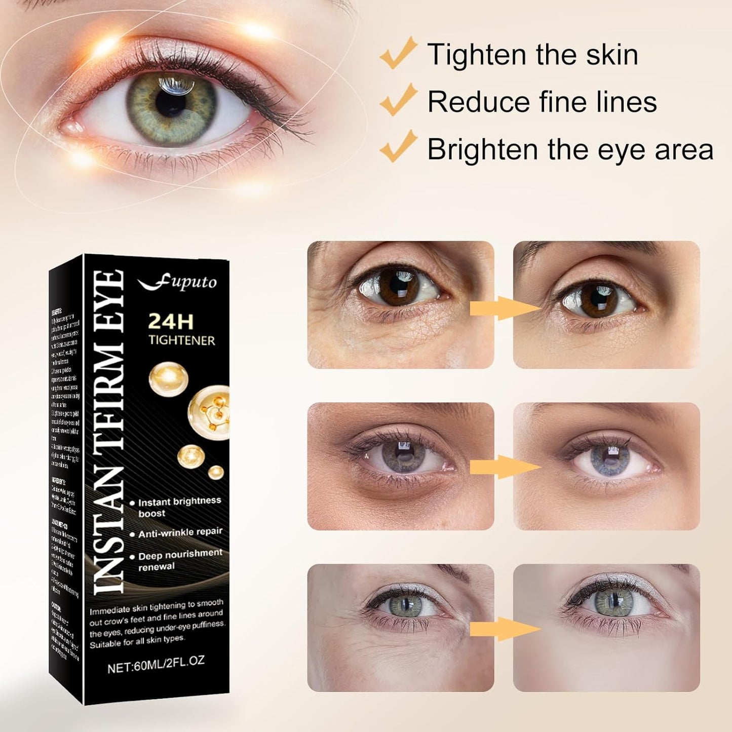 Temporary Instant Eye Tightener Cream – 60 ML Quickly Reduces Dark Circles, Eye Bags, Puffiness and Fine Lines for Anti-Aging and Firming, Provides Rapid Hydration and Locks in Moisture (2 fl. ozz)