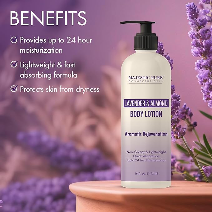 Majestic Pure Lavender & Almond Body Lotion with Aloe Leaf Extracts | Nourishing & Moisturizing | Quick Absorbing, Lightweight & Non Greasy | For All Skin Types | For Women & Men | 16fl oz
