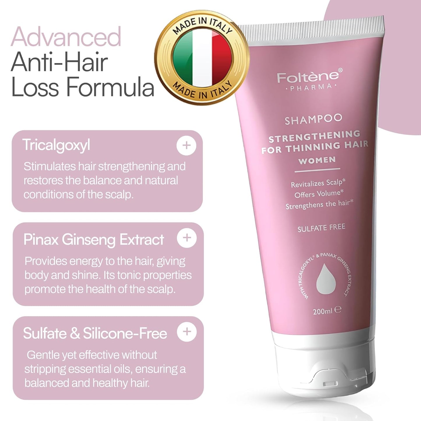 Foltene Strengthening Shampoo for Women – Reduces Thinning, Boosts Volume, and Enhances Hair Health – Silicone & Sulfate-Free Hair Thickening Shampoo for Fuller Strands (6.76 fl. oz.)