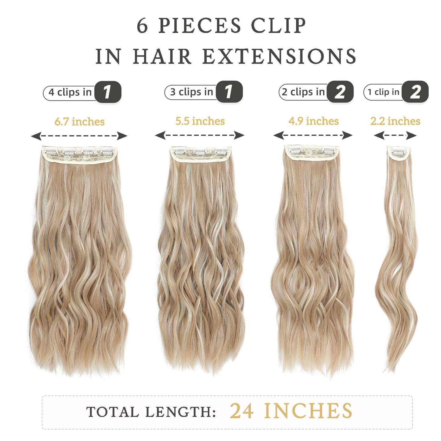 Clip in Hair Extensions, 6 PCS Natural & Soft Hair & Blends Well Hair Extensions, Synthetic Long Wavy Hairpieces(24inch, 6pcs,Honey Blonde with Platinum Highlights)