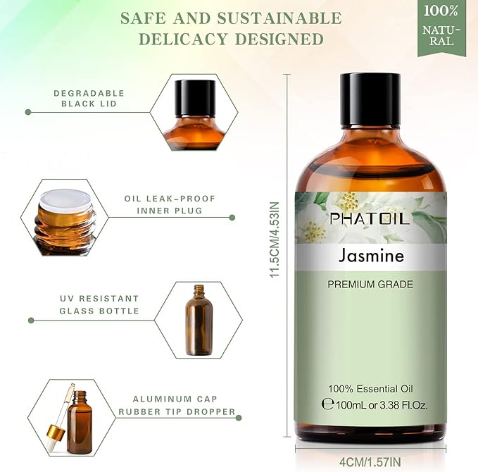 3.38FL.OZ Jasmine Essential Oil with Glass Dropper, for Aromatherapy Diffusers, Humidifiers, Great for DIY Candle and Soap Making, Huge 100ML Bottle