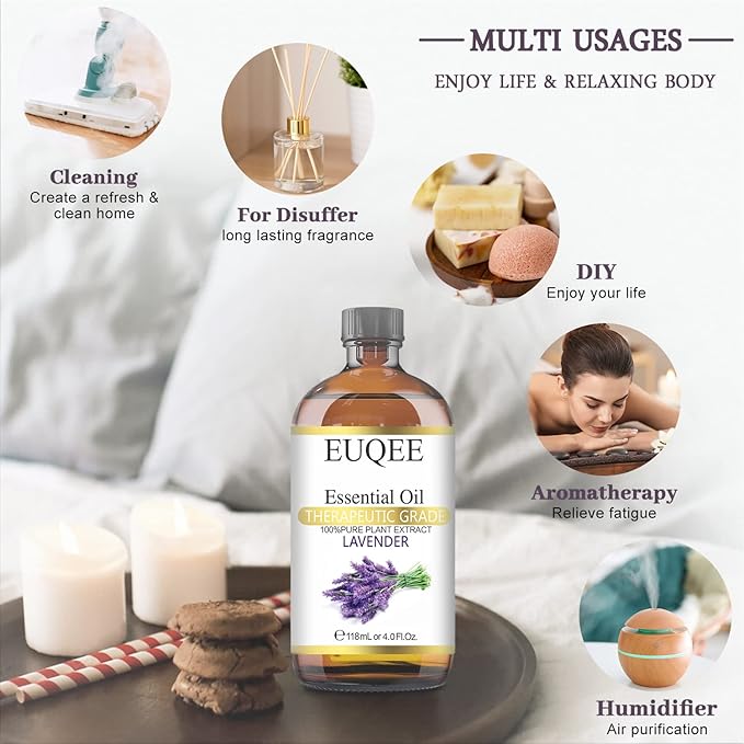 Lavender Essential Oil 118mL Pure Lavender Oil Large Capacity Essential Oil with Glass Dropper for Diffuser, DIY Candle - 4Fl. Oz