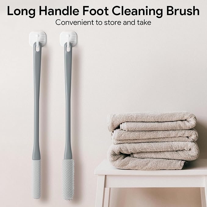 Shower Foot Scrubber Brush, 15.7" Toe Cleaning Brush with 4 Reusable Drying Covers, Long Handle Silicone Bristles Lotion Applicator, No Bending Down Skin Exfoliation Foot Scrub Brushes for Elderly