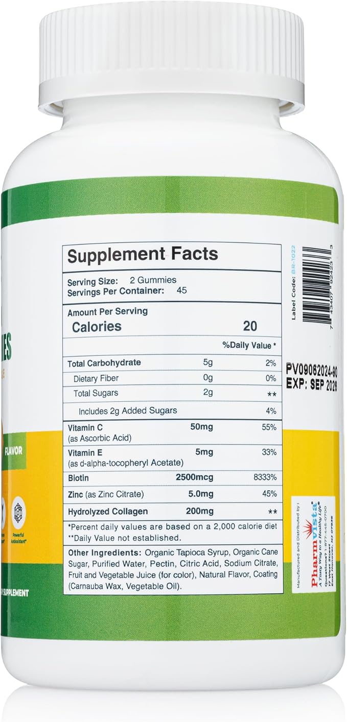 Collagen Gummies with Biotin, Zinc, Vitamins C & E for Hair Skin and Nails Support, 90ct