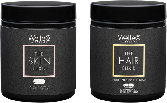 WelleCo, The Skin Elixir + The Hair Elixir, Vegan Beauty Supplements Bundle, Promotes Hair Growth & Reduces Breakage, Supports Healthy Skin & Collagen Formation, 60 Capsules Each