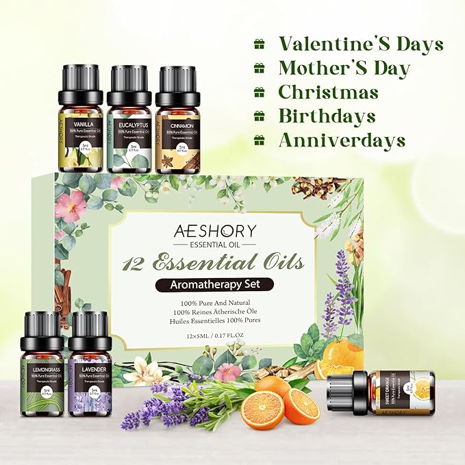 Essential Oils Set - 12 Pcs Aromatherapy Essential Oil Kit for Diffuser, Humidifier, Aromatherapy, Massage, Soap, Candle Making (5mL)