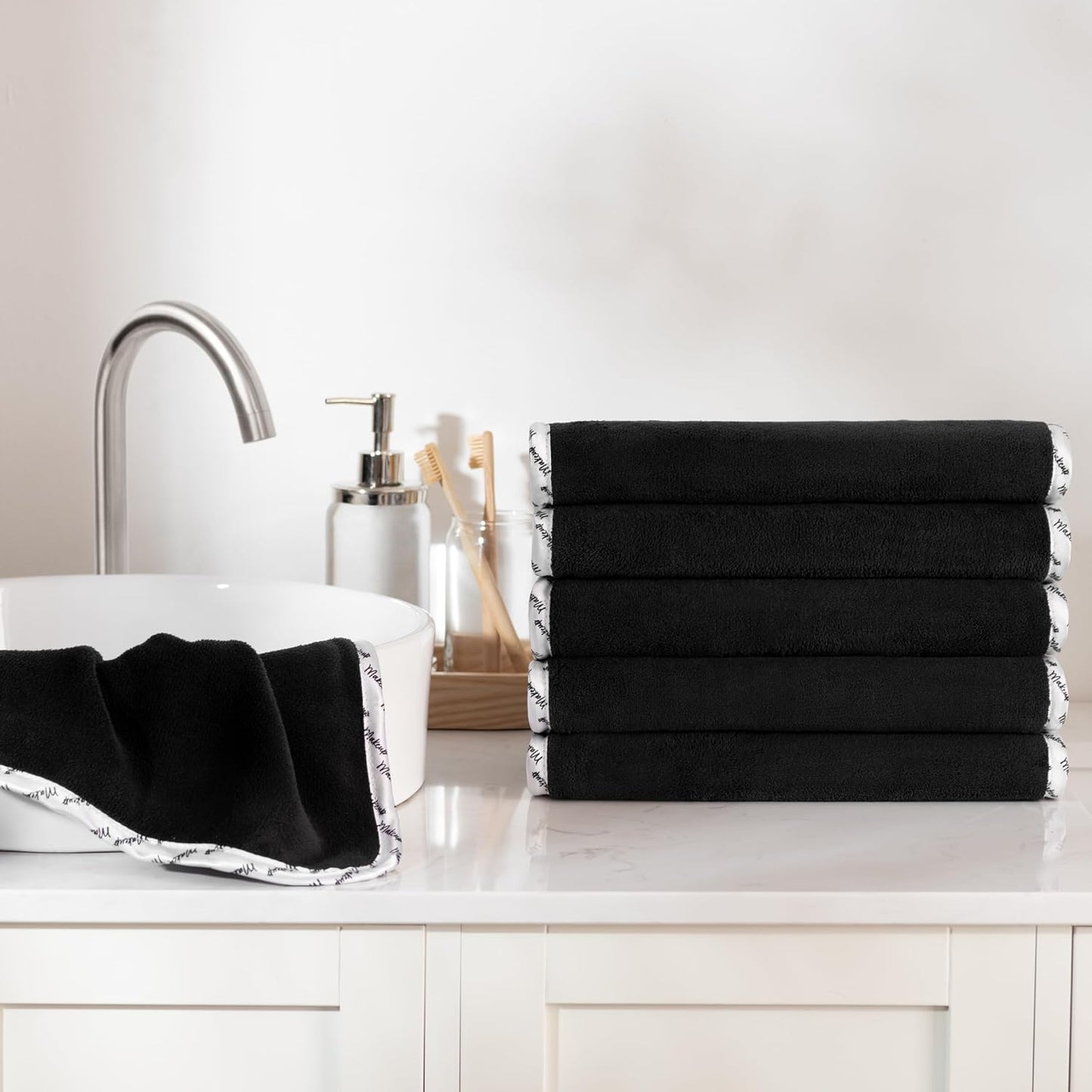 Arkwright Makeup Towels - Bulk Case of 108 - Ultra Soft & Gentle Microfiber Coral Fleece Washcloth Face Make Up Remover, Reusuable Eraser Cloth Essentials for Hosts & Artists, 13 x 13 in, Black/White