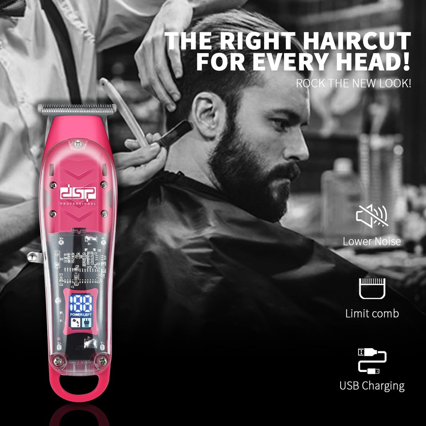 DSP Beard Trimmer: Cordless, Rechargeable, Zero Gap, Stainless Blades, 2.5H Charge, 120M Runtime, 3 Combs, Ideal for Men & Barber (Pink Trimmer)
