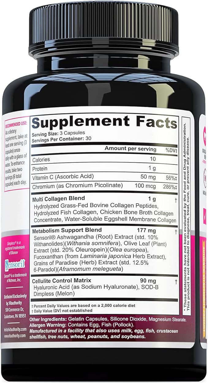 Multi Collagen Burn: Multi-Type Hydrolyzed Protein Peptides with Hyaluronic Acid, Vitamin C, SOD B Dimpless, Types I, II, III, V and X, Caffeine-Free (Unflavored Capsules)