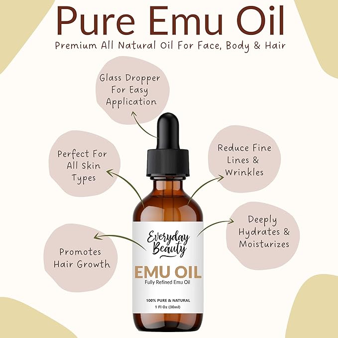 Pure Australian Emu Oil - All Natural 6X Refined for Face, Skin and Hair - Highly Effective Hydration for Sensitive Skin & Hair Growth Perfect for Scars & Blemishes - 1 Fl Oz Glass Bottle & Dropper