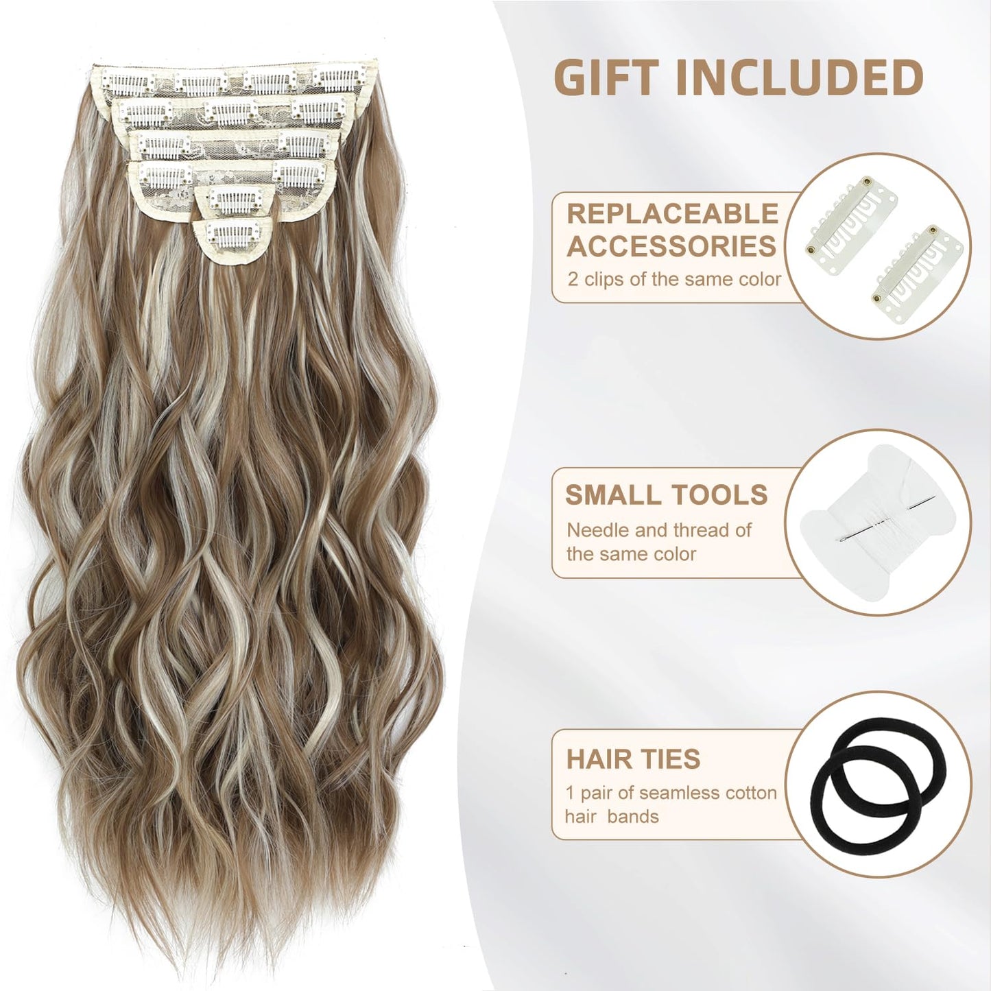 Clip in Hair Extensions for Women Brown with Blonde Highlights Long Wavy Hair Extensions Clip Ins 6PCS 20 Inch Synthetic Soft and Natural Thick Hair Pieces for Women