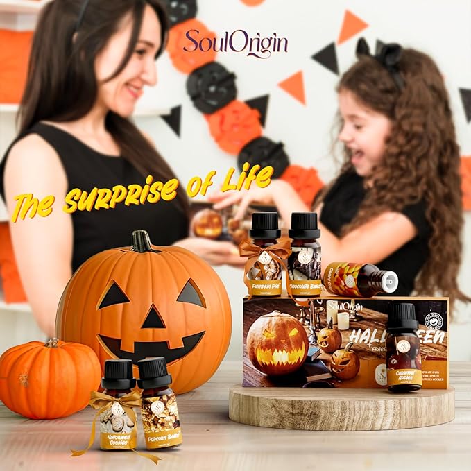 Halloween Essential Oils Set, Fragrance Oil Gift Set for Oil Diffusers, Scented Oils 6x10ml - Caramel Apples, Pumpkin Pie, Candy Corn, Halloween Cookies, Chocolate Bars, Popcorn Balls