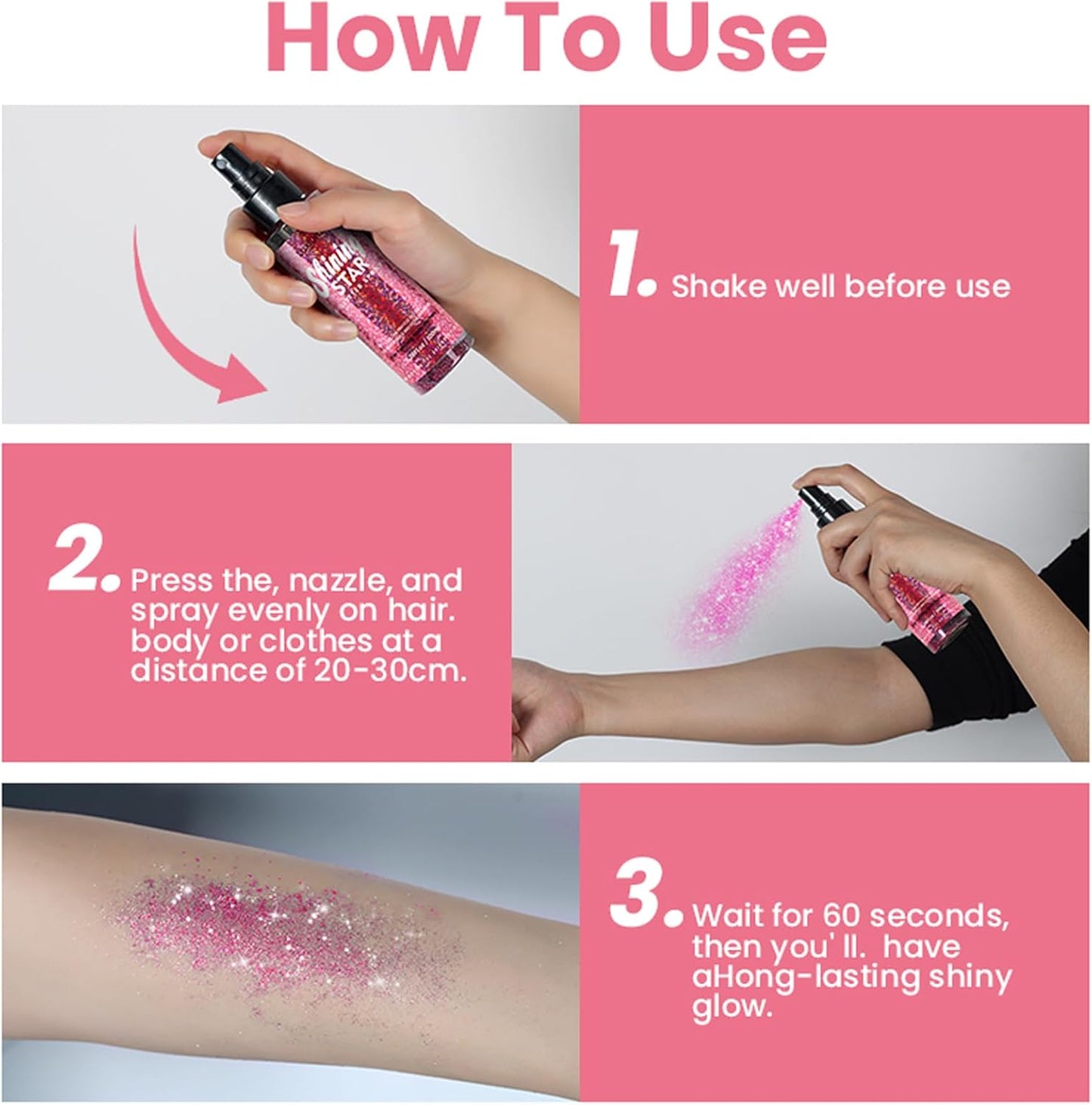 MEICOLY Pink Body Glitter Spray,100ML(3.53OZ),Liquid Glitter Hairspray,Sparkle Glitter Spray for Hair/Body/Clothes,Body Shimmer for Skin,Lightweight,Long Lasting