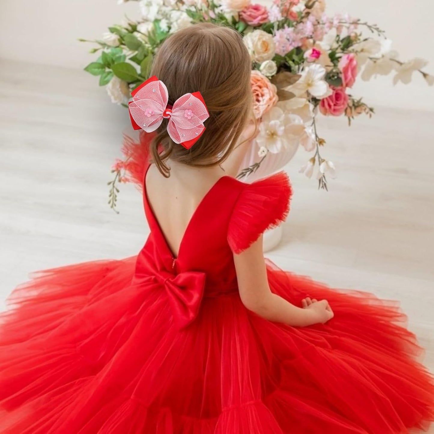 KISZU 4.5 Inch Flower Hair Bow Clips, Organza Bows with Pearls Big Hair Accessories for Baby Girls Kids Children Teens and Women (Red)