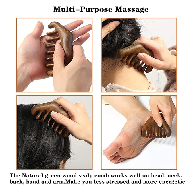 Wooden Handheld Head Massager - Wide Tooth Scalp Massage Comb for Hair Scraping