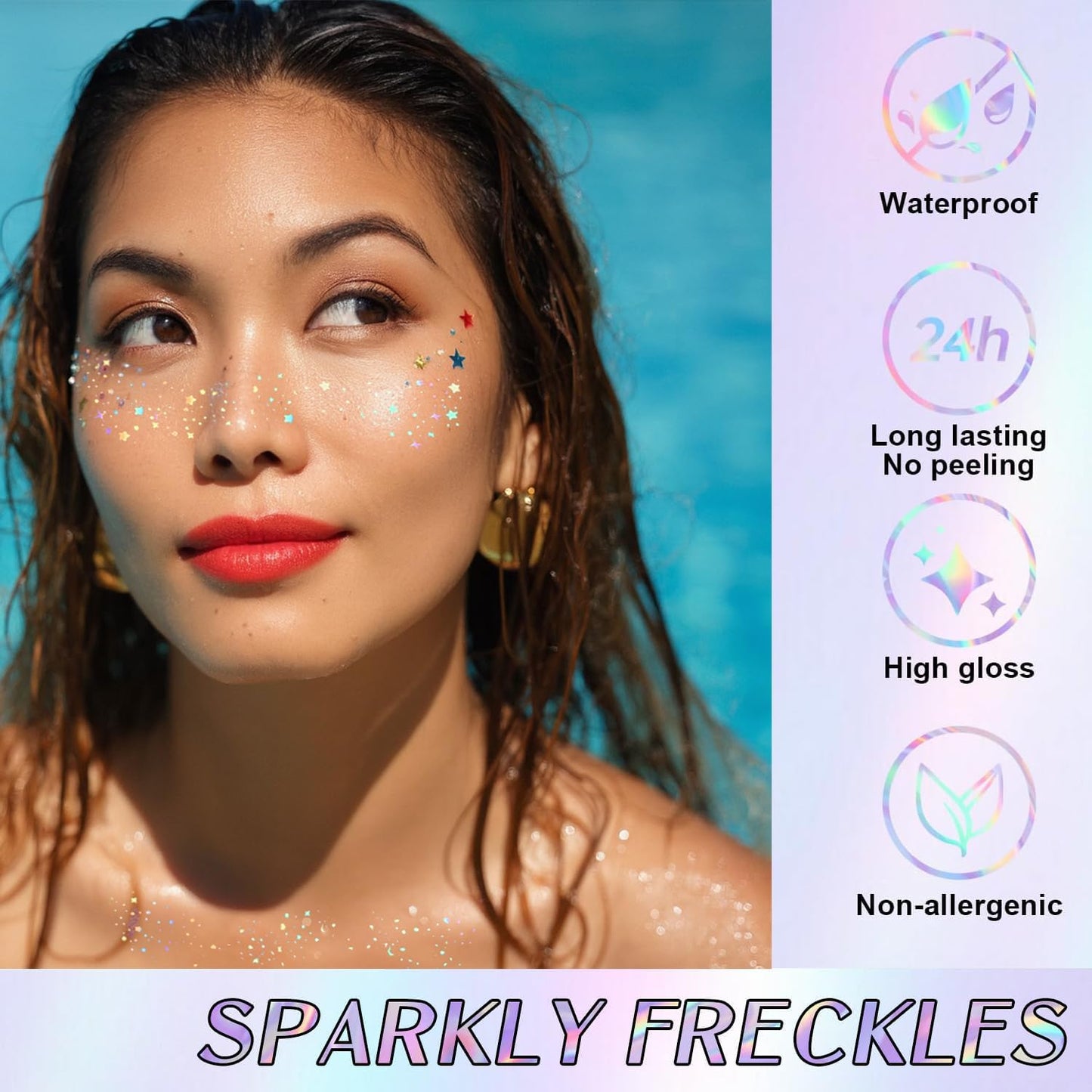 Glitter Freckles, Holographic Face and Body Glitter Tattoo Sparkle for Women Gold Glow Cosmetic Star Makeup Accessories for Festival Rave (Holographic&Gold)