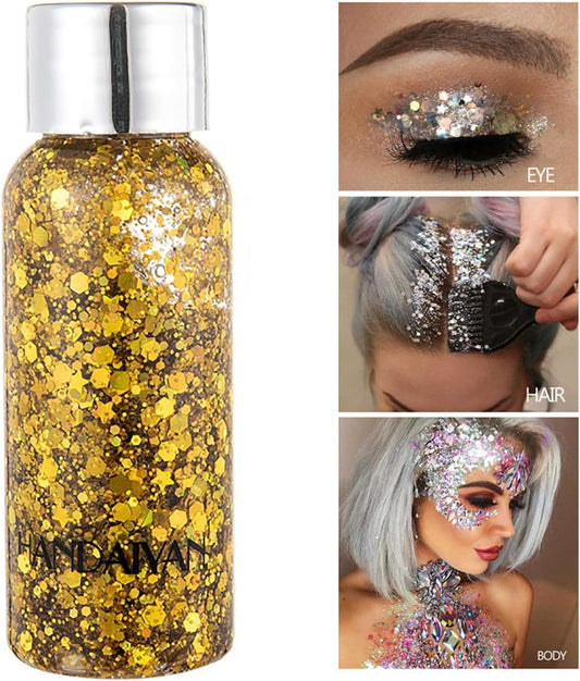 Mermaid Sequins Body Glitter Gel, Make Up Long Lasting Glitter for Body Face Hair Eyeshadow, Music Festival Party Carnival Long Lasting Face Glitter, No Glue Needed and Easy to Remove. (Gold)