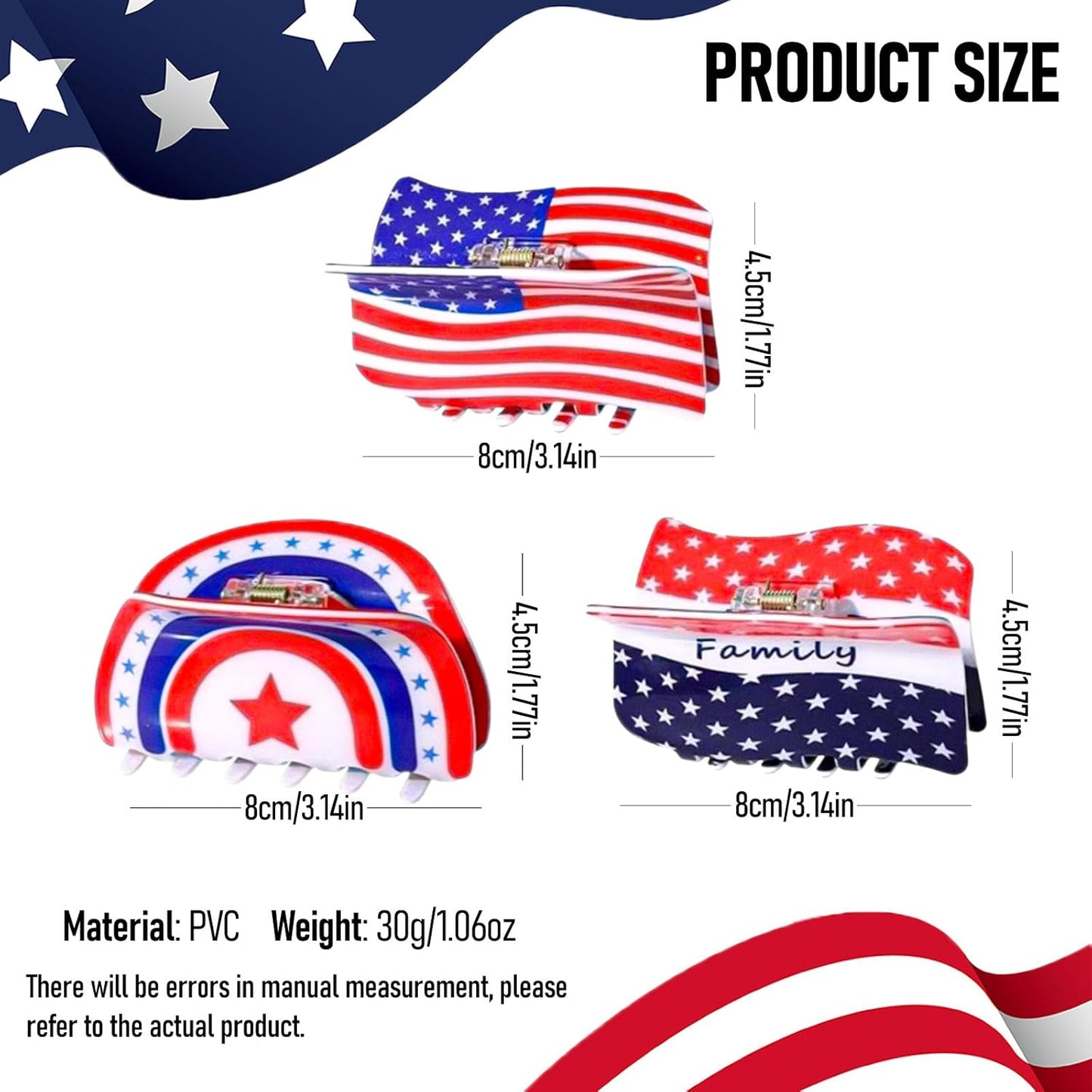 3 Pcs 4th of July Hair Clips for Women, Patriotic Hair Claws, Red White Blue Hair Claw Clips with American Flag Design, Summer Hair Accessories, Independence Day Large Hair Claws for Thick Hair