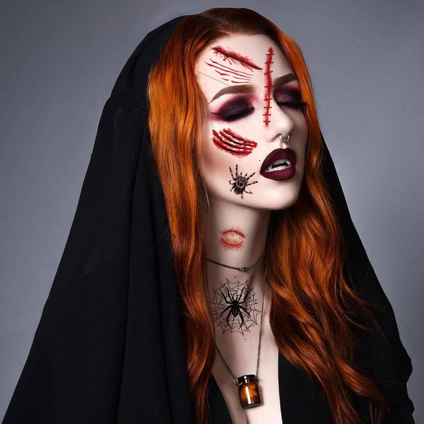 40 Sheets 3D Spider Web&Fake Scar Temporary Tattoos Halloween Makeup Kit, Witch Zombie Realistic Fake Bat Face Tattoos Stickers For Women Adults Kids Men (Halloween)